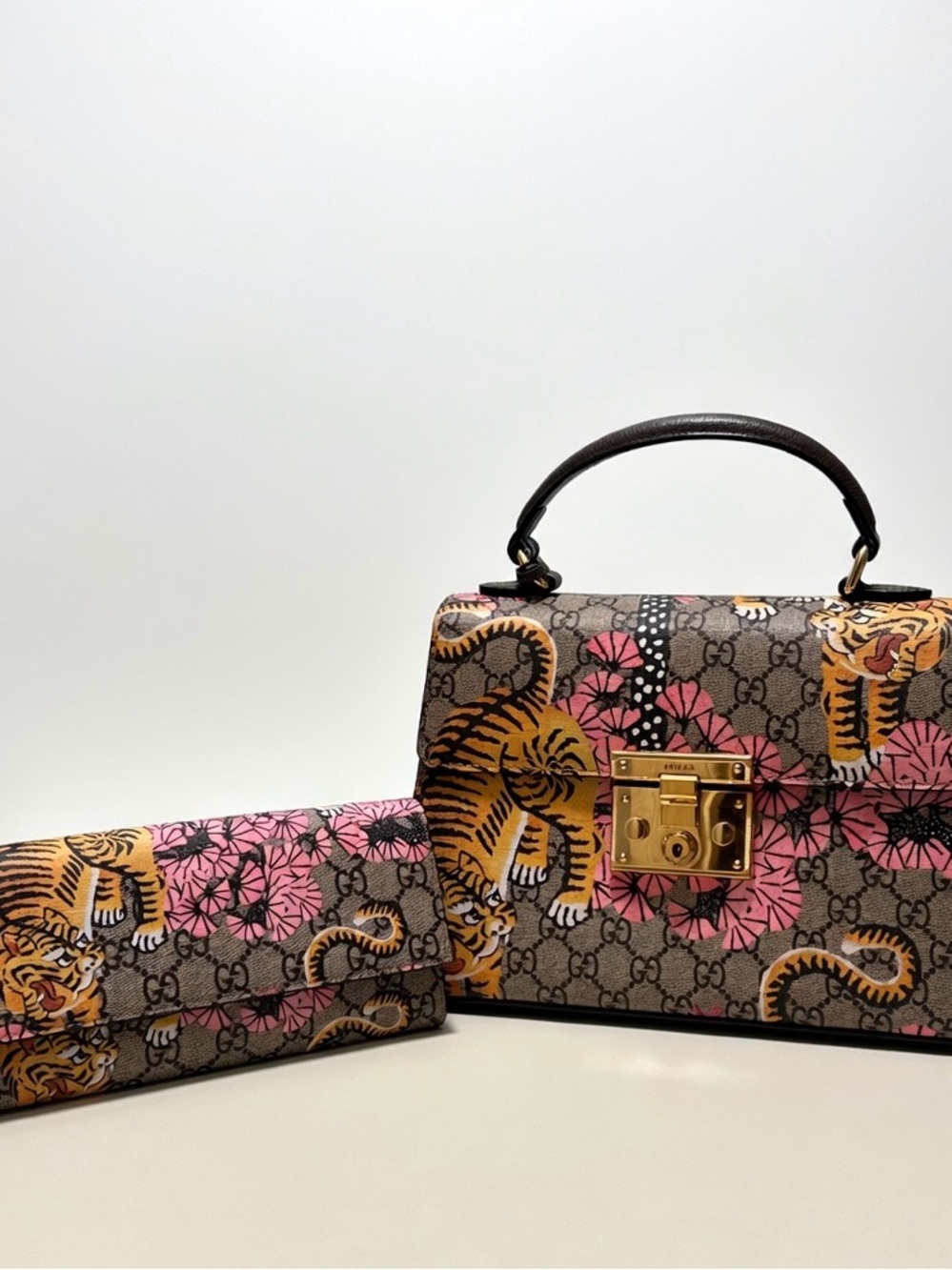 Gucci GG Supreme Tiger Floral Top Handle Satchel in Pink and Brown